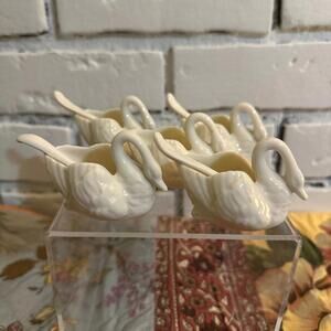 Rare Vintage Porcelain Lenox Swan Salt Cellars with Spoons